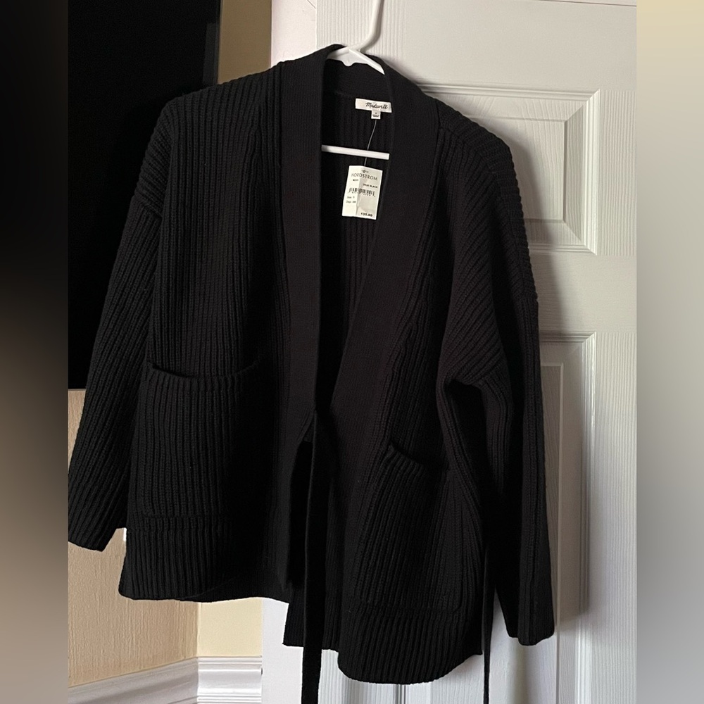 NWT. Madewell Black Side Tie Ribbed Cardigan